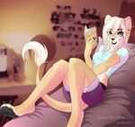  2016 5_fingers anthro blonde_hair blue_eyes book breasts clothing english_text eyelashes feline female fur gradiewoof hair hi_res lion looking_at_viewer lying mammal piercing smile solo tan_fur teeth text wide_hips 