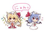  :d animal_ears ascot bat_wings blonde_hair blue_hair blush bow brooch cat_ears cat_girl cat_tail chibi detached_wings eyebrows eyebrows_visible_through_hair fang flandre_scarlet hair_between_eyes hat hat_bow hat_ribbon heart jewelry kemonomimi_mode looking_at_viewer low_wings mob_cap multiple_girls nyan open_mouth paw_pose puffy_short_sleeves puffy_sleeves red_eyes remilia_scarlet ribbon shared_speech_bubble short_hair short_sleeves siblings side_ponytail simple_background sisters sitting skirt skirt_set smile speech_bubble star tail touhou translated v-shaped_eyebrows wariza white_background wings yada_(xxxadaman) 