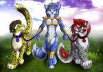 anthro canine clothing collar feline female feral fox gard3r group jewelry krystal leash leopard loincloth looking_at_viewer male mammal navel necklace nintendo outside smile standing star_fox video_games 