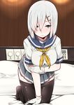  absurdres bed breasts commentary_request gloves green_eyes hair_ornament hairclip hamakaze_(kantai_collection) highres kantai_collection large_breasts mitsudoue on_bed pantyhose pantyhose_pull school_uniform serafuku short_hair short_sleeves skirt solo white_gloves white_hair 