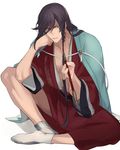  black_hair blue_eyes earrings full_body hanadi_(hndboo) hand_on_own_knee haori holding holding_pipe izumi-no-kami_kanesada japanese_clothes jewelry kimono kiseru long_hair looking_at_viewer male_focus pipe shinsengumi simple_background smile solo tabi touken_ranbu white_background 