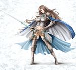  armor armored_boots ass_visible_through_thighs belt boots breasts brown_eyes brown_hair cape gauntlets granblue_fantasy hand_on_hip high_heels holding holding_sword holding_weapon huge_breasts katalina_aryze long_hair looking_at_viewer navel parted_lips shoulder_armor size_hermitage smile solo sword very_long_hair weapon 