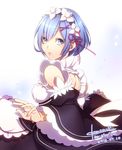  2016 apron artist_name bad_id bad_pixiv_id black_dress blue_eyes blue_hair bob_cut breasts character_name closed_mouth copyright_name dated detached_sleeves domco dress eyebrows eyebrows_visible_through_hair eyelashes eyes_visible_through_hair fingernails flower frills from_side hair_ornament hair_over_one_eye hair_ribbon hairband hairclip looking_at_viewer looking_back maid medium_breasts petals re:zero_kara_hajimeru_isekai_seikatsu red_ribbon rem_(re:zero) ribbon shiny shiny_hair short_hair signature solo upper_body white_apron white_flower white_ribbon wide_sleeves x_hair_ornament 