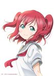  bangs blush dated highres kurosawa_ruby looking_at_viewer love_live! love_live!_sunshine!! neckerchief neki_(wakiko) red_hair school_uniform serafuku short_sleeves simple_background smile solo twitter_username two_side_up upper_body uranohoshi_school_uniform white_background 