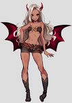  absurdres bat_wings blush breasts demon demon_girl demon_horns demon_wings fangs highres horns light_brown_hair long_hair looking_at_viewer medium_breasts miniskirt original red_eyes simple_background skirt smile solo westxost_(68monkey) wings 