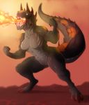  anthro breasts dinosaur featureless_breasts featureless_crotch female fire fire_breathing green_scales horn hornedfreak nude open_mouth scales sharp_teeth simple_background solo standing teeth theropod tongue 