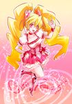  \m/ bad_id bad_pixiv_id blonde_hair boots bow breasts character_name choker cleavage commentary_request cure_peach earrings fresh_precure! full_body hair_ornament hand_on_hip heart heart_earrings heart_hair_ornament jewelry knee_boots long_hair magical_girl marimo_(yousei_ranbu) medium_breasts momozono_love pink_bow pink_choker pink_eyes precure smile solo twintails very_long_hair wrist_cuffs 