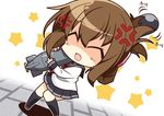  ^_^ ^o^ anger_vein black_legwear brown_hair chibi closed_eyes eyebrows eyebrows_visible_through_hair folded_ponytail holding holding_torpedo inazuma_(kantai_collection) kantai_collection kisaragi_yuu_(re:lucks) long_hair long_sleeves motion_lines neckerchief open_mouth plasma-chan_(kantai_collection) pleated_skirt school_uniform serafuku shaded_face skirt skirt_tug smile solo star torpedo 