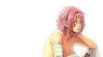  alternate_hair_length alternate_hairstyle baiken bandages breasts cleavage facial_mark facial_tattoo forehead_mark guilty_gear hand_on_own_neck hitsuki_(hiidukii) large_breasts one-eyed pink_eyes pink_hair scar scar_across_eye short_hair simple_background solo tattoo topless white_background 