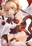 1girl :o andira_(granblue_fantasy) animal_ears antenna_hair bangs bare_shoulders barefoot blonde_hair blush bow breasts cleavage_cutout detached_sleeves eyebrows_visible_through_hair eyes_closed fur-trimmed_sleeves fur_trim granblue_fantasy highres holding holding_staff kneeling leotard long_sleeves looking_at_viewer maou_(maoudaisukiya) monkey_ears monkey_tail obi open_mouth red_bow red_eyes sash short_hair simple_background small_breasts solo staff tail tareme thighhighs toeless_legwear two_side_up white_background white_legwear white_leotard wide_sleeves 