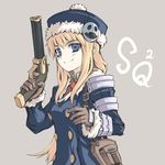  armor bangs blonde_hair blue_eyes buttons coat fur_trim gloves gun gunner handgun hat kuro_goma_(kakkou11) long_hair looking_at_viewer lowres sekaiju_no_meikyuu solo weapon 