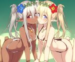  2girls ass bikini black_bikini blonde_hair blue_eyes blush commentary_request dark-skinned_female dark_elf dark_skin downscaled earrings elf flower hair_flower hair_ornament highres hiraga_matsuri jewelry long_hair looking_at_viewer md5_mismatch micro_bikini multiple_girls necklace original pointy_ears ponytail red_eyes resized resolution_mismatch smile source_larger swimsuit white_bikini 