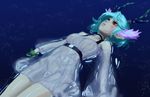  afloat antlers blue_hair breasts c_(control) doyora dress head_wings horns medium_breasts pointy_ears q_(control) red_eyes short_dress short_hair solo water 
