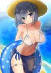  armpits arms_behind_back beach behind_back bikini bikini_top blue_hair blue_sarong blush breasts brown_hat cleavage closed_mouth collarbone eyes_visible_through_hair front-tie_top hair_ornament hair_over_one_eye hairclip hamakaze_(kantai_collection) hat head_tilt heart holding innertube kantai_collection large_breasts looking_at_viewer navel no_panties ocean outdoors polka_dot polka_dot_innertube polka_dot_sarong sand sarong see-through shore short_hair side-tie_bikini silver_hair sin_(kami148) smile solo straw_hat swimsuit thigh_strap translucent_sarong water water_drop wet white_bikini white_bikini_top 