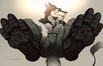  2016 4_fingers 4_toes anthro beard black_fur boots bulge clothed clothing digital_media_(artwork) english_text facial_hair first_person_view foot_focus footwear fur gannypiggy hi_res male muscular pants pawpads paws plantigrade sergal sergal_dragon smile solo sun text toes topless white_fur 
