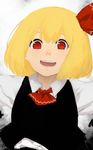  ascot black_vest blonde_hair bow gradient gradient_background grey_background hair_between_eyes hair_bow highres lips long_sleeves looking_at_viewer open_mouth outstretched_arms red_eyes rumia shirt short_hair smile solo teeth terimayo touhou upper_body vest white_shirt 