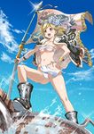  :d bangs black_footwear blonde_hair blush boots breasts budget_sarashi cloud collarbone day djeeta_(granblue_fantasy) flag fundoshi fur_trim glint granblue_fantasy groin hair_ribbon hand_on_hip highres holding jacket_on_shoulders japanese_clothes loincloth lovezawa medium_breasts navel open_mouth outdoors outstretched_arm ribbon sarashi short_hair sky smile solo sparkle standing swept_bangs tairyou-bata v-shaped_eyebrows water wind yellow_eyes 