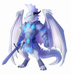  anthro armor blue_eyes dragon horn hornedfreak looking_at_viewer male melee_weapon simple_background solo sword weapon white_background wings 