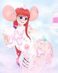  2016 anthro areola bathing big_-butt big_breasts blue_eyes breasts ear_piercing female fur hair hi_res huge_breasts long_hair looking_down mammal mouse navel nipples open_mouth pastelletta piercing pink_nose red_hair rodent shower smile solo water white_fur 