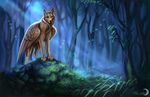  ambiguous_gender black_nose blue_eyes brown_feathers brown_fur canine claws detailed_background feathered_wings feathers feral flashw forest fur grass light mammal night nude outside paws rock solo standing tree wings wolf 