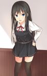  asashio_(kantai_collection) belt black_hair black_legwear blue_eyes buttons commentary_request dress eyebrows hands_on_hips highres kanpyou_(hghgkenfany) kantai_collection long_hair long_sleeves looking_at_viewer neck_ribbon open_mouth pinafore_dress red_ribbon remodel_(kantai_collection) ribbon short_dress solo thighhighs zettai_ryouiki 