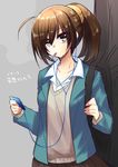  alternate_costume angel_beats! brown_eyes brown_hair cellphone cigarette earphones hisako_(angel_beats!) long_hair nakamura_hinato phone ponytail school_uniform solo sweater_vest 