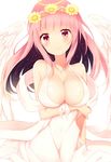  angel_wings bangs bare_shoulders blunt_bangs blush breast_hold breasts cleavage collarbone dress eyebrows eyebrows_visible_through_hair feathered_wings flower_wreath halo head_tilt head_wreath highres large_breasts long_hair looking_at_viewer multicolored_hair natsume3304 original pink_eyes pink_hair purple_hair sidelocks sleeveless sleeveless_dress smile solo two-tone_hair upper_body white_dress white_wings wings wreath 