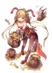  :d absurdres animal_ears bare_shoulders black_legwear blonde_hair bunny_ears coin collarbone detached_collar dice_hair_ornament flat_chest full_body futaba_anzu gold_bar granblue_fantasy hair_ornament hamidashi-kun highres idolmaster idolmaster_cinderella_girls leaning_forward leaning_to_the_side long_hair low_twintails open_mouth orange_eyes pantyhose pleated_skirt red_skirt sack shoes simple_background sketch skirt smile standing stuffed_animal stuffed_bunny stuffed_toy twintails very_long_hair white_background 