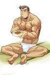  1boy abs bara barefoot bulge eating feet food male_focus muscle nipples pecs sitting solo toes topless underwear 
