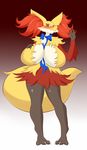  2016 anthro big_breasts blush breasts canine delphox ear_tuft eyewear featureless_breasts female fox glasses gradient_background hand_on_breast hi_res huge_breasts inner_ear_fluff jcdr looking_at_viewer mammal nintendo nude pok&eacute;mon pose ribbons simple_background smile solo tuft video_games voluptuous 