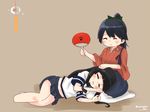  ^_^ bangs bare_legs black_hair blunt_bangs closed_eyes commentary_request fan hakama hakama_skirt hatsuyuki_(kantai_collection) houshou_(kantai_collection) japanese_clothes kantai_collection lap_pillow long_hair momiji_(103) motherly multiple_girls paper_fan pleated_skirt ponytail school_uniform serafuku skirt sleeping twitter_username uchiwa white_legwear 