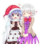  2girls blue_eyes blue_hair blush cheunes closed_eyes commentary_request doremy_sweet dress hat heart highres jacket kishin_sagume multiple_girls nightcap open_mouth pom_pom_(clothes) purple_dress silver_hair simple_background surprised touhou white_background wing_hug wings yuri 