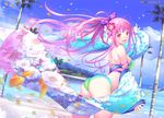  ass bikini bow breasts bubbles clouds flowers long_hair original petals pink_hair ribbons sky swimsuit tagme_(artist) tree waifu2x water 