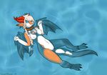  2014 anthro blue_eyes breasts collar dragon female floating floating_on_water horn jingle_bell looking_at_viewer lying on_back ponytail pussy quad_horns spread_legs spreading tachio_(character) twistedpherret_(artist) water wings 