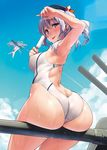  :p aircraft airplane akitsushima_(kantai_collection) arm_up armpits ass ass_support back_cutout bare_arms bare_shoulders beret black_hat blue_eyes blue_sky bow cannon chibi chibi_inset cloud competition_swimsuit cowboy_shot day eyebrows eyebrows_visible_through_hair food from_behind hat hat_bow holding holding_food kantai_collection kashima_(kantai_collection) kekemotsu lens_flare light_rays looking_at_viewer looking_back machinery melting multiple_girls nishikitaitei-chan one-piece_swimsuit outdoors popsicle propeller short_twintails silver_hair sitting sky sunlight swimsuit tongue tongue_out turret twintails wavy_hair white_swimsuit 