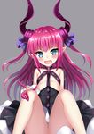  :d bangs bare_legs black_dress blue_eyes blush breasts choker dress elizabeth_bathory_(fate) elizabeth_bathory_(fate)_(all) eyelashes fangs fate/extra fate/extra_ccc fate_(series) grey_background harimoji head_tilt horn_ribbon horns knees_up legs_up long_hair looking_at_viewer open_mouth pink_hair pointy_ears purple_ribbon revealing_clothes ribbon simple_background sitting small_breasts smile solo teeth tsurime underboob v-shaped_eyebrows very_long_hair wrist_cuffs 