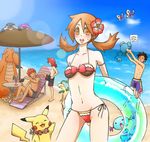  1girl 4boys barefoot bayleef beach bikini black_hair blue_sky blush breasts brown_eyes brown_hair butterfree dragonite facepalm flower gold_(pokemon) hair_flower hair_ornament innertube jewelry koffing kotone_(pokemon) lens_flare looking_at_viewer marill ocean pikachu pokemon pokemon_(game) pokemon_hgss sand short_hair side-tie_bikini silver_(pokemon) small_breasts speech_bubble swim_trunks swimsuit team_rocket_grunt twintails wataru_(pokemon) water wooper 