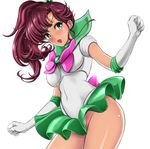  :d bishoujo_senshi_sailor_moon breasts brown_hair choker circlet covered_navel earrings gloves green_choker green_eyes green_sailor_collar jewelry kino_makoto large_breasts long_hair no_panties open_mouth ponytail sailor_collar sailor_jupiter sailor_senshi_uniform school_uniform serafuku simple_background smile solo sonota_taisei white_background white_gloves 