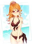  bare_shoulders between_legs bikini blush halter_top halterneck hand_between_legs hand_on_own_arm holding_arm iwaoka_(sikabanenomiti_park) looking_at_viewer navel orange_hair polka_dot polka_dot_bikini polka_dot_swimsuit ponytail red_eyes side-tie_bikini solo swimsuit tokyo_7th_sisters usuta_sumire 