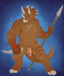  2016 anthro badcoyote balls beak black_sclera blue_background brown_scales dagger digital_media_(artwork) dinosaur flaccid front_view full-length_portrait green_eyes hi_res holding_object holding_weapon horn humanoid_penis jewelry male melee_weapon necklace nude penis polearm portrait scales scalie simple_background solo spear standing tribal triceratops vein veiny_penis weapon wristband 