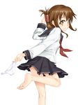  arm_up bare_legs barefoot black_skirt brown_eyes brown_hair closed_mouth feet folded_ponytail frown holding holding_panties inazuma_(kantai_collection) kantai_collection leg_up long_sleeves looking_at_viewer n_haduki neckerchief panties panties_removed pleated_skirt running school_uniform serafuku sidelocks simple_background skirt soles solo tareme toes underwear white_background white_panties 