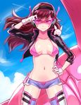  &gt;:) :3 adjusting_eyewear bikini bikini_under_clothes black_jacket blue_sky breasts brown_hair bunny closed_mouth cloud collarbone cowboy_shot cropped_jacket d.va_(overwatch) day flame_print floating_hair gloves glowing hand_on_hip hand_up headphones holster jacket kamina_shades legs_apart long_hair looking_at_viewer mecha medium_breasts navel o_o open_clothes open_jacket outdoors overwatch parody pink_bikini pocket purple_shorts short_shorts shorts sieyarelow sky sleeves_folded_up smile solo stomach string_bikini sunglasses swimsuit tengen_toppa_gurren_lagann thighhighs v-shaped_eyebrows whisker_markings white_gloves wind 