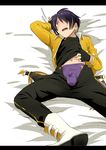  1boy blush bulge looking_at_viewer lying male_focus multicolored_hair solo tagme touken_ranbu underwear undressing 