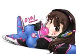  arm_above_head bangs bodysuit breasts brown_eyes brown_hair bubble_blowing character_name chewing_gum clothes_writing covered_navel d.va_(overwatch) facial_mark foreshortening headphones leg_up long_hair looking_at_viewer lying md5_mismatch medium_breasts on_side overwatch perspective pilot_suit shirosaba simple_background smile solo swept_bangs twisted_torso twitter_username whisker_markings white_background 
