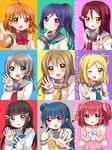  :d blue_eyes blush brown_eyes brown_hair copyright_name hair_bun hair_ornament hair_scrunchie hairclip highres kunikida_hanamaru kurosawa_dia kurosawa_ruby long_hair love_live! love_live!_sunshine!! matsuura_kanan mikurun mole mole_under_mouth multiple_girls ohara_mari open_mouth red_hair sakurauchi_riko school_uniform scrunchie serafuku short_hair smile takami_chika tsushima_yoshiko twintails two_side_up uranohoshi_school_uniform watanabe_you 