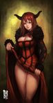 artist_name bangs breasts cameltoe choker cleavage closed_mouth dress dress_lift dspell fur_trim highres horns large_breasts legs_together lifted_by_self long_dress long_hair long_sleeves looking_at_viewer maou_(maoyuu) maoyuu_maou_yuusha panties red_eyes red_hair shade solo underwear white_panties 