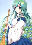  bamboo_broom blue_eyes blush broom detached_sleeves frog_hair_ornament green_hair hair_ornament kochiya_sanae long_hair looking_at_viewer smile snake_hair_ornament solo touhou uetsuki_hiro 