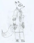  2016 anthro bandage barefoot canine closed_fist clothed clothing disney ehub-96 fox fur looking_at_viewer low_res male mammal monochrome nick_wilde pants pencil_(artwork) sad shirt shock_collar simple_background solo traditional_media_(artwork) zootopia 