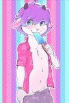  ambiguous_gender bastion blue_eyes blush bracelet caprine clothed clothing food fur girly goat hair jewelry mammal navel open_shirt pink_hair popsicle pulling_waistband_down simple_background unbuttoned_shirt white_fur 
