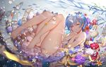  barefoot blue_hair bubbles flowers greetload horns petals re:zero_kara_hajimeru_isekai_seikatsu rem_(re:zero) short_hair underwater water 